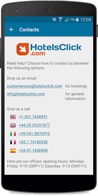 direct contact to Customer Service on hotelsclick.com app 